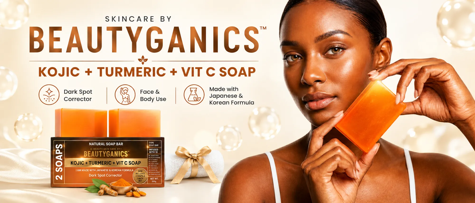 Beautyganics Kojic + Turmeric + Vitamin C Soap — face and body listing banner